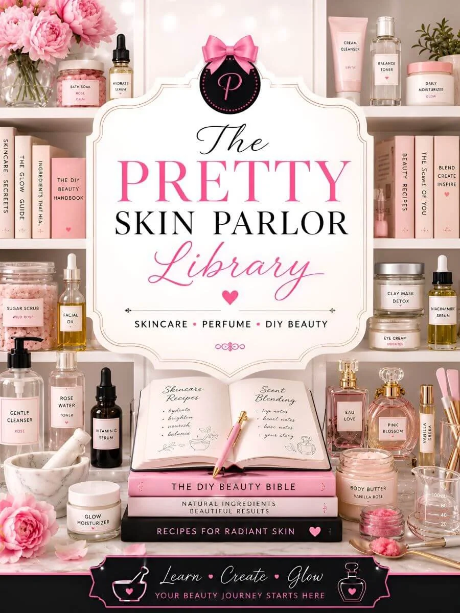 Cover of 'The Pretty Skin Parlor Library' book surrounded by skincare products, books, and beauty items in pink and white tones.