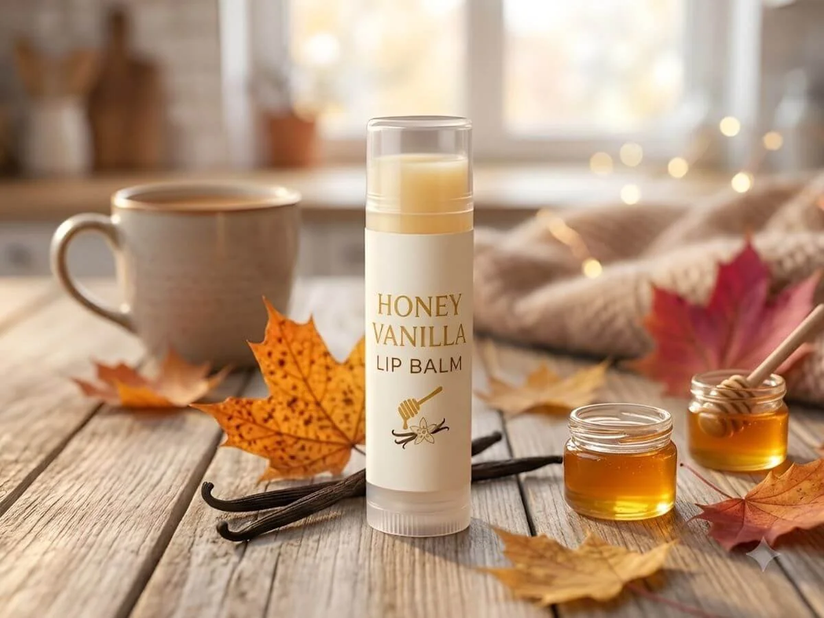 Lip balm tube with honey and vanilla graphics set against autumn leaves, vanilla beans, and a small glass jar of honey.