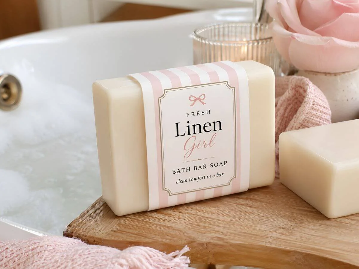 Fresh Linen Girl bath bar soap on a wooden bathtub tray with a soft pink label, white bathtub, candle, towel, and rose.