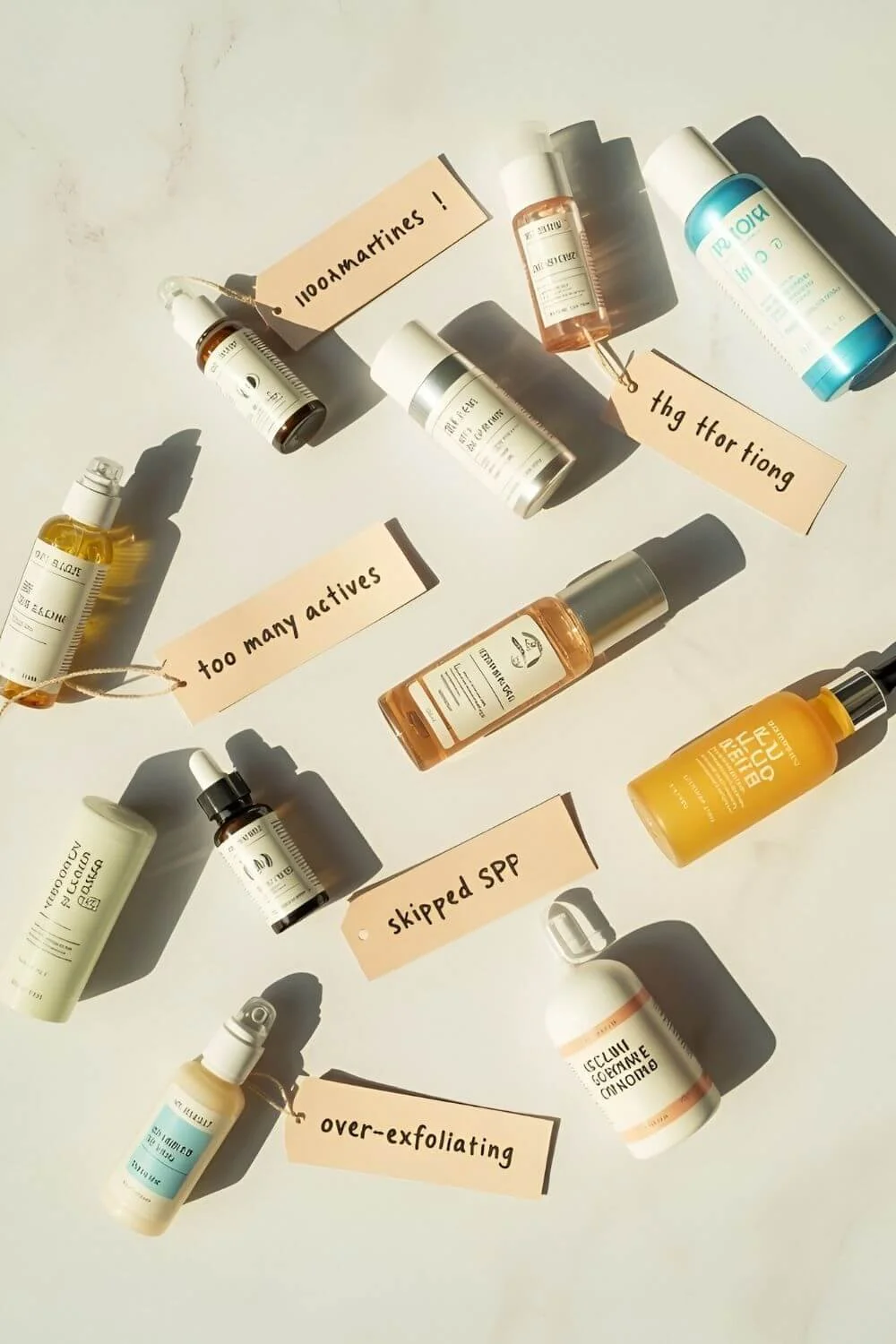A playful flat lay of skincare items scattered with small tags reading “Too Many Actives,” “Skipped SPF,” “Over-Exfoliating.” Bright neutral backdrop, soft humor, educational tone.