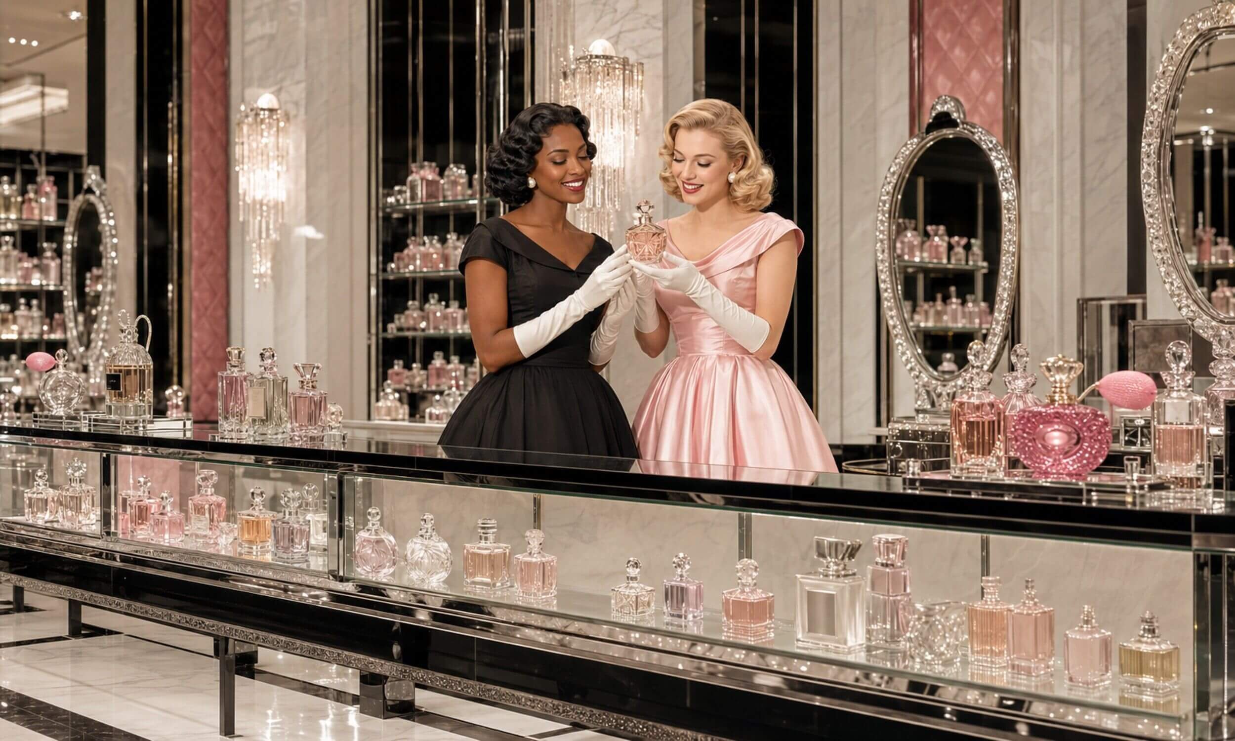 Two women in vintage dresses and white gloves looking at perfume bottles in a luxurious store with sparkling mirrors and shelves filled with pink perfume bottles.