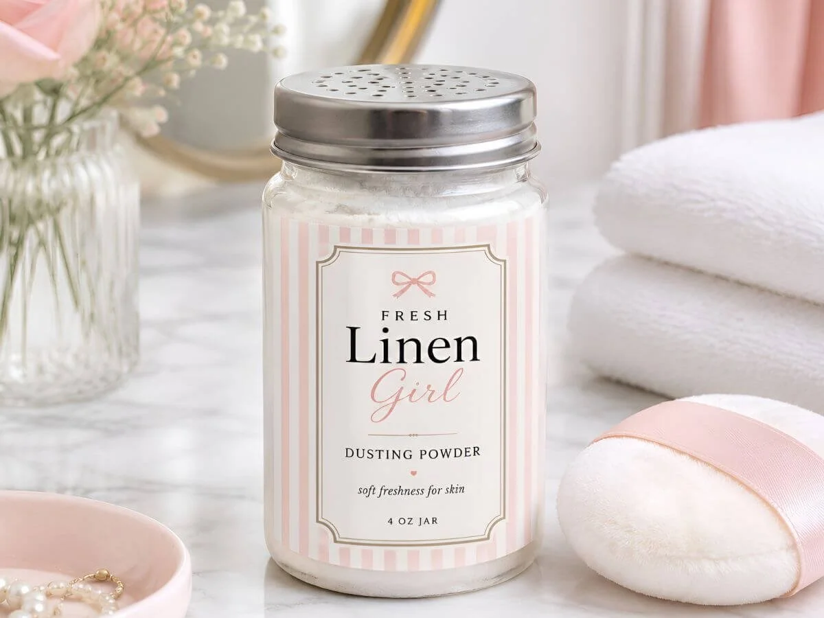 Fresh Linen Girl dusting powder in a glass shaker jar with a pink and white label, styled on a marble vanity with folded white towels and a soft powder puff.