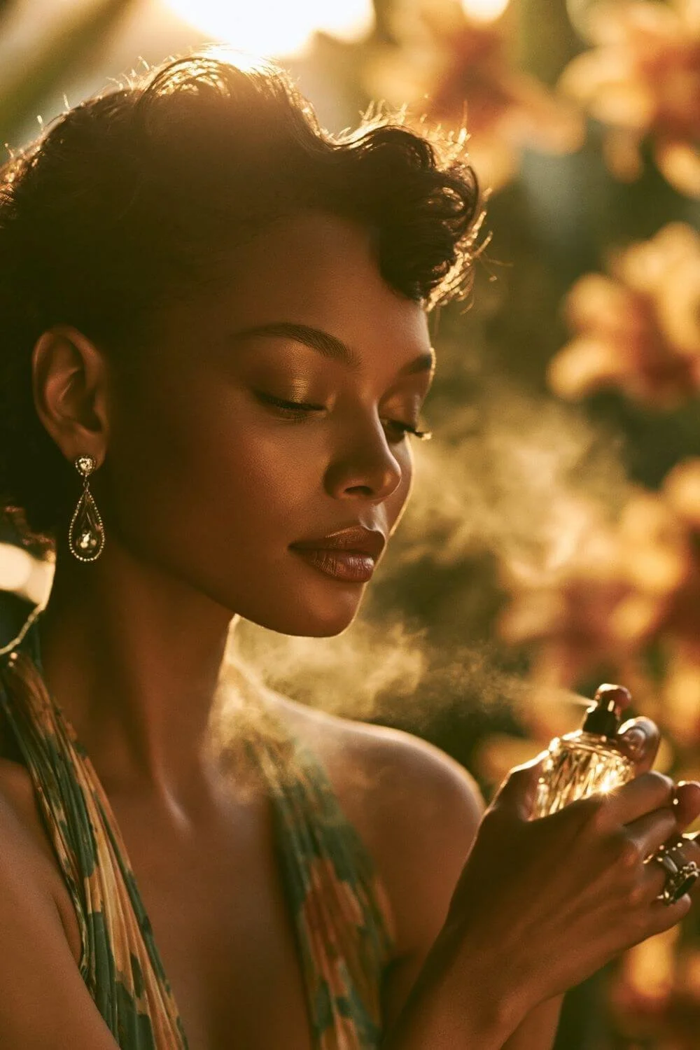 Elegant black woman spraying luxury perfume with soft golden light and floral background.