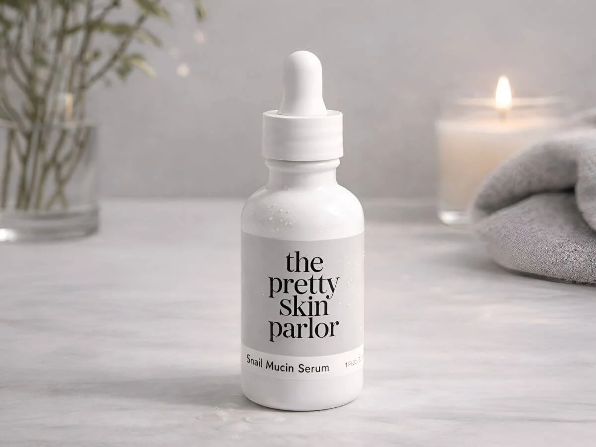 White dropper bottle of The Pretty Skin Parlor Snail Mucin Serum displayed in a calm spa-style setting with soft gray tones, a lit candle, folded towel, and subtle greenery in the background.