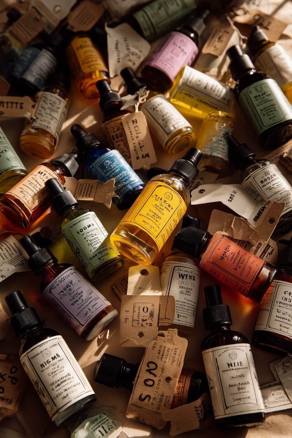 A playful flat lay: scattered skincare bottles with labels like “Too Much,” “Wrong Order,” “No SPF” on small tags. Slightly imperfect arrangement, warm light.