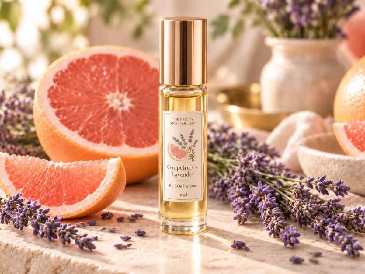 Handcrafted Grapefruit Lavender Roll-On Perfume Oil bottle surrounded by grapefruit slices and lavender blossoms.