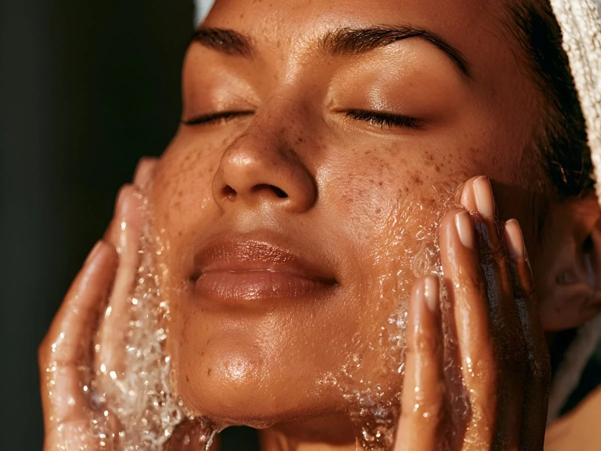 Close-up of a person splashing clean water onto their face while cleansing their skin.