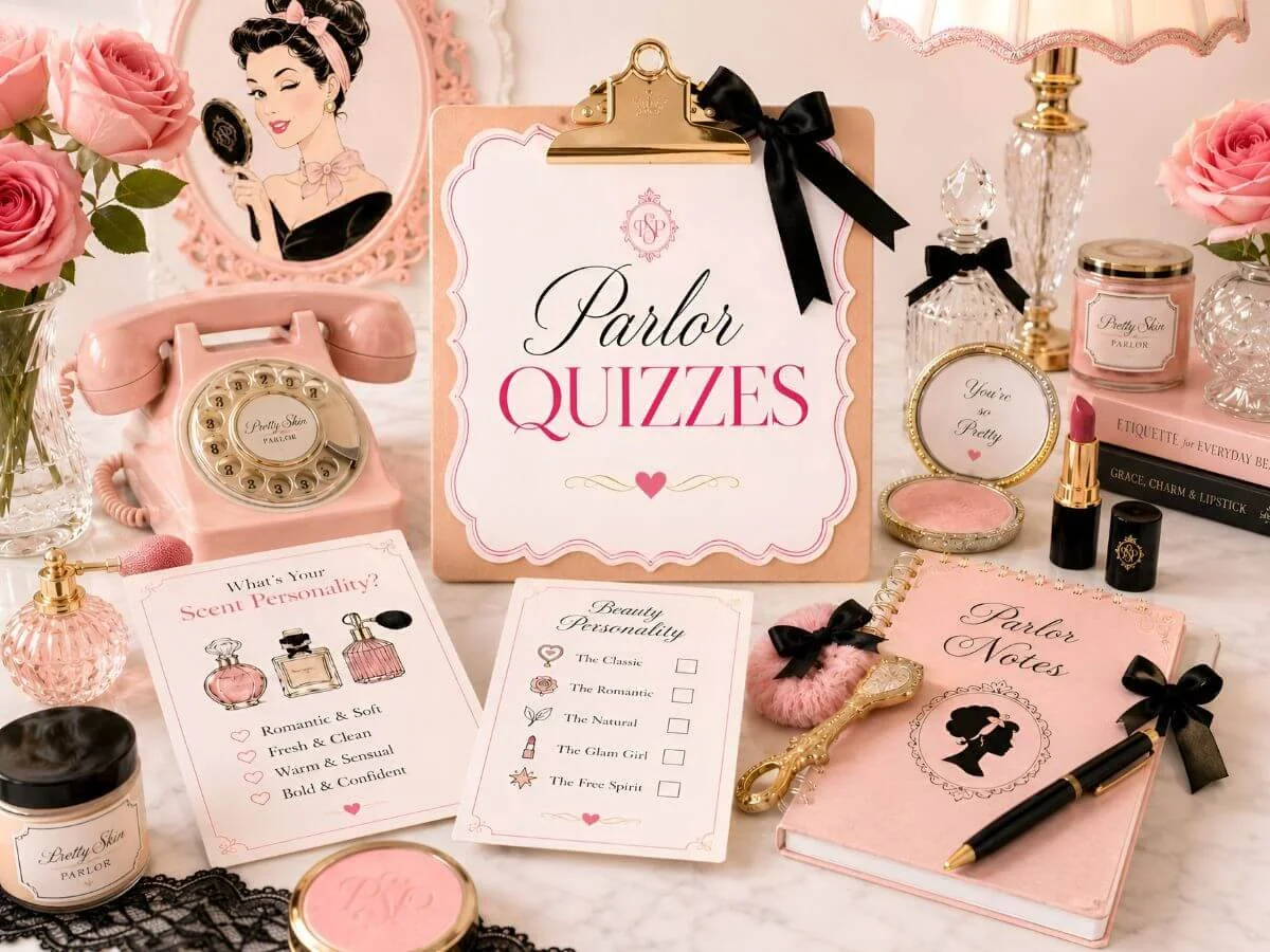 Pink vintage beauty parlor scene with a Parlor Quizzes sign, perfume bottles, beauty quiz cards, a retro telephone, roses, makeup, and feminine vanity accessorie