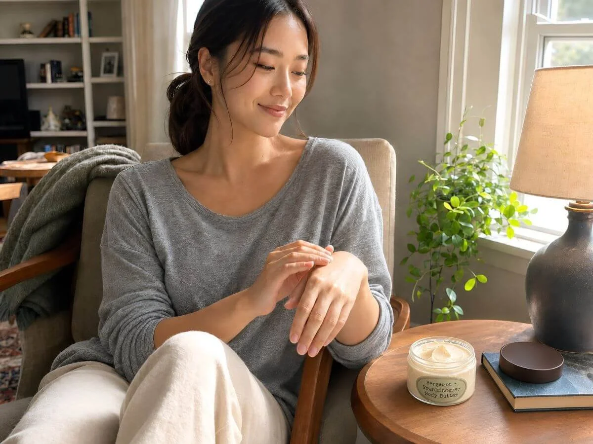 Asian woman using Bergamot and Frankincense Body Butter with a realistically sized 8 oz jar_)