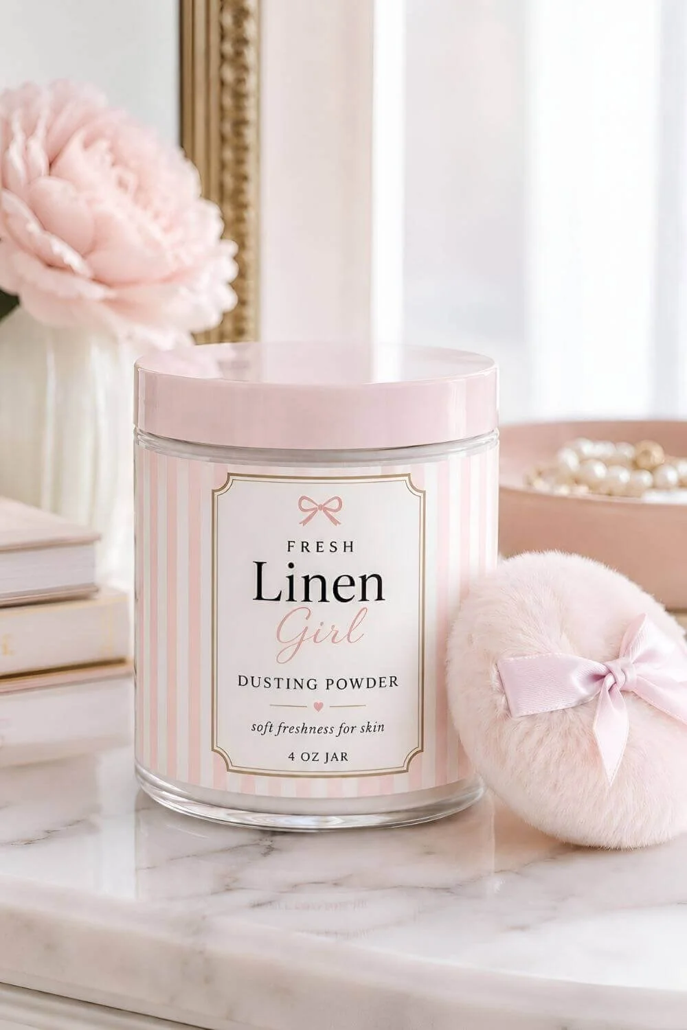 Fresh Linen Girl dusting powder in a pink-lidded jar with a soft powder puff, styled on a feminine vanity with blush flowers and pearl accents.