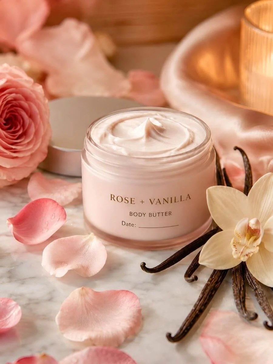 Rose + Vanilla body butter in a pale pink jar styled on marble with rose petals, vanilla beans, a vanilla flower, soft satin, and warm candlelight.