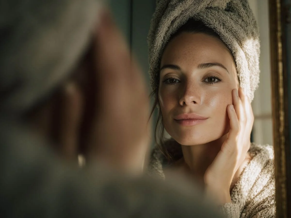 A woman standing in front of a mirror in a cozy bathroom, gently touching her face with a serene expression, soft morning light, natural tones, calm atmosphere.