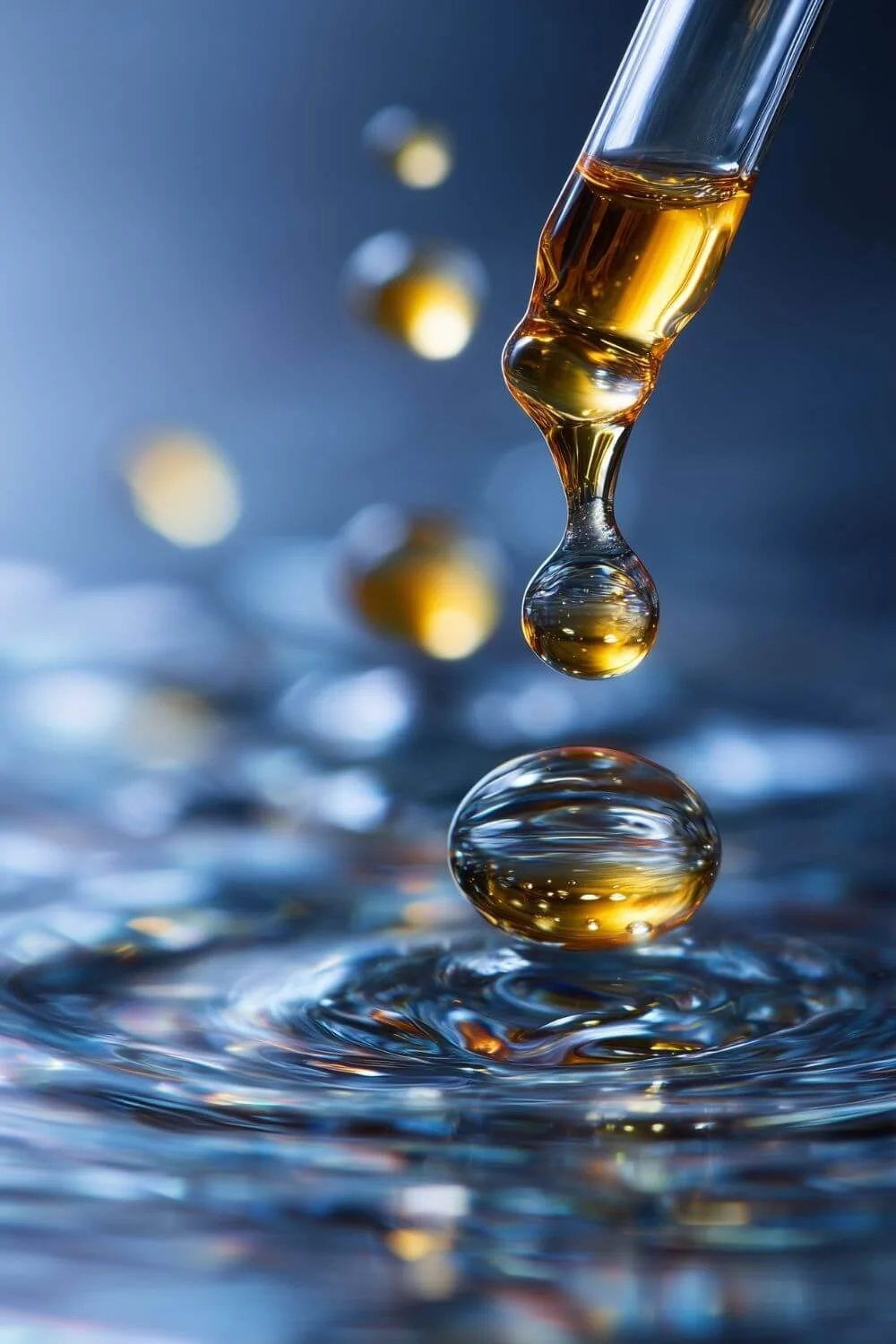 A serene shot of face oil drops falling into water, surrounded by light reflections. Elegant, luminous, high-end spa feel.