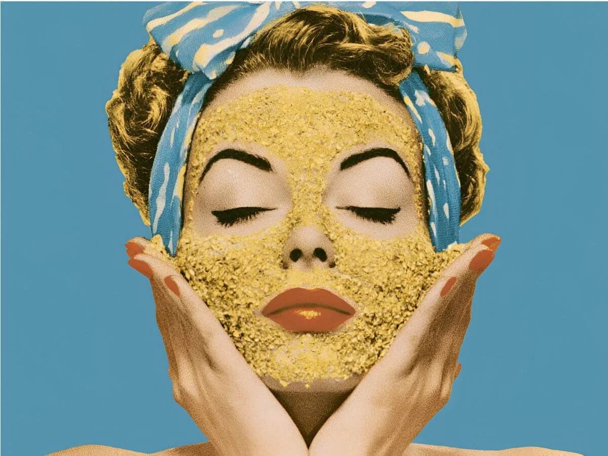 Vintage illustration of a woman cupping her face in her hands while wearing an oatmeal face mask.