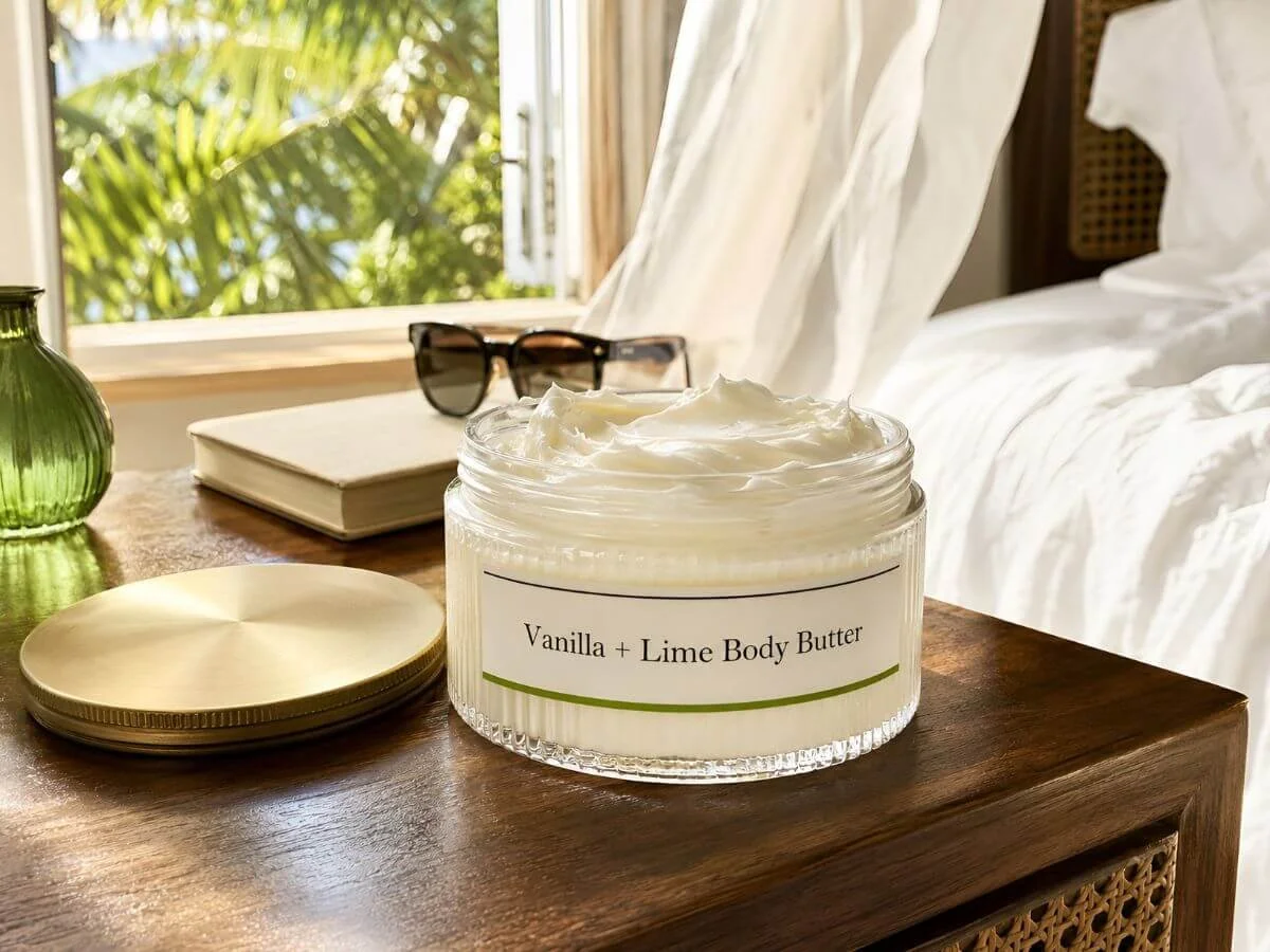 Open jar of homemade Vanilla + Lime Body Butter on a wooden bedside table in a sunlit bedroom, with a gold lid, book, sunglasses, and green glass vase nearby.