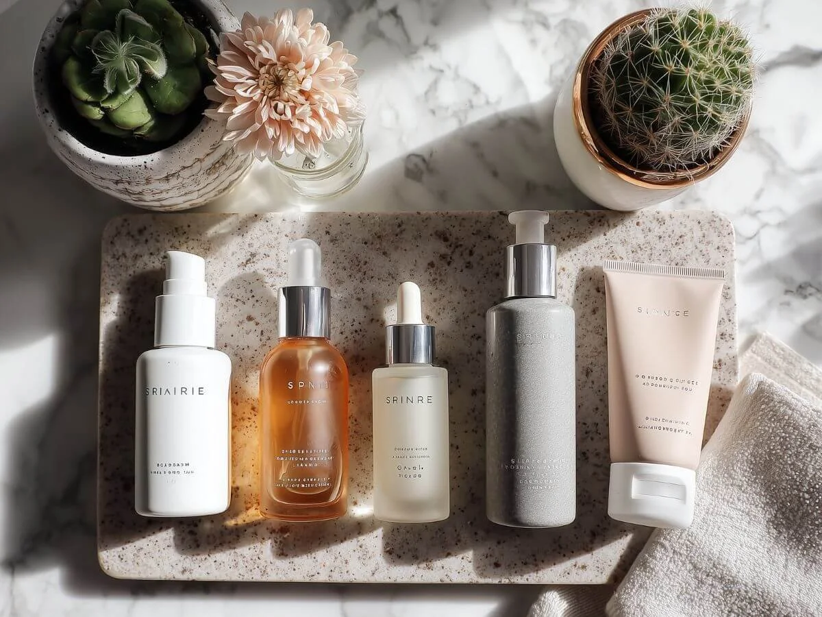“Luxury skincare products arranged in layering order — The Pretty Skin Parlor aesthetic.”