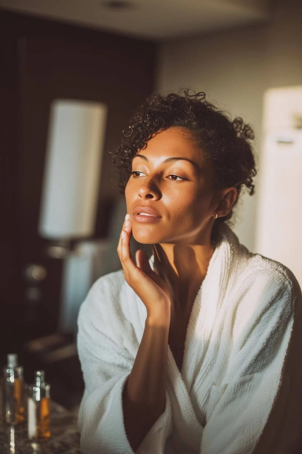 A woman examining her skin in a softly lit bathroom mirror, white robe, clean counter with simple skincare bottles. Natural daylight, calm and intentional mood.