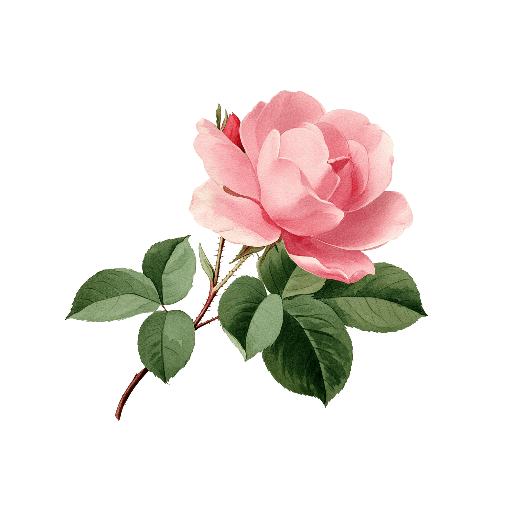 Watercolor-style illustration of a soft pink rose in bloom with green leaves and a stem, set against a black background.