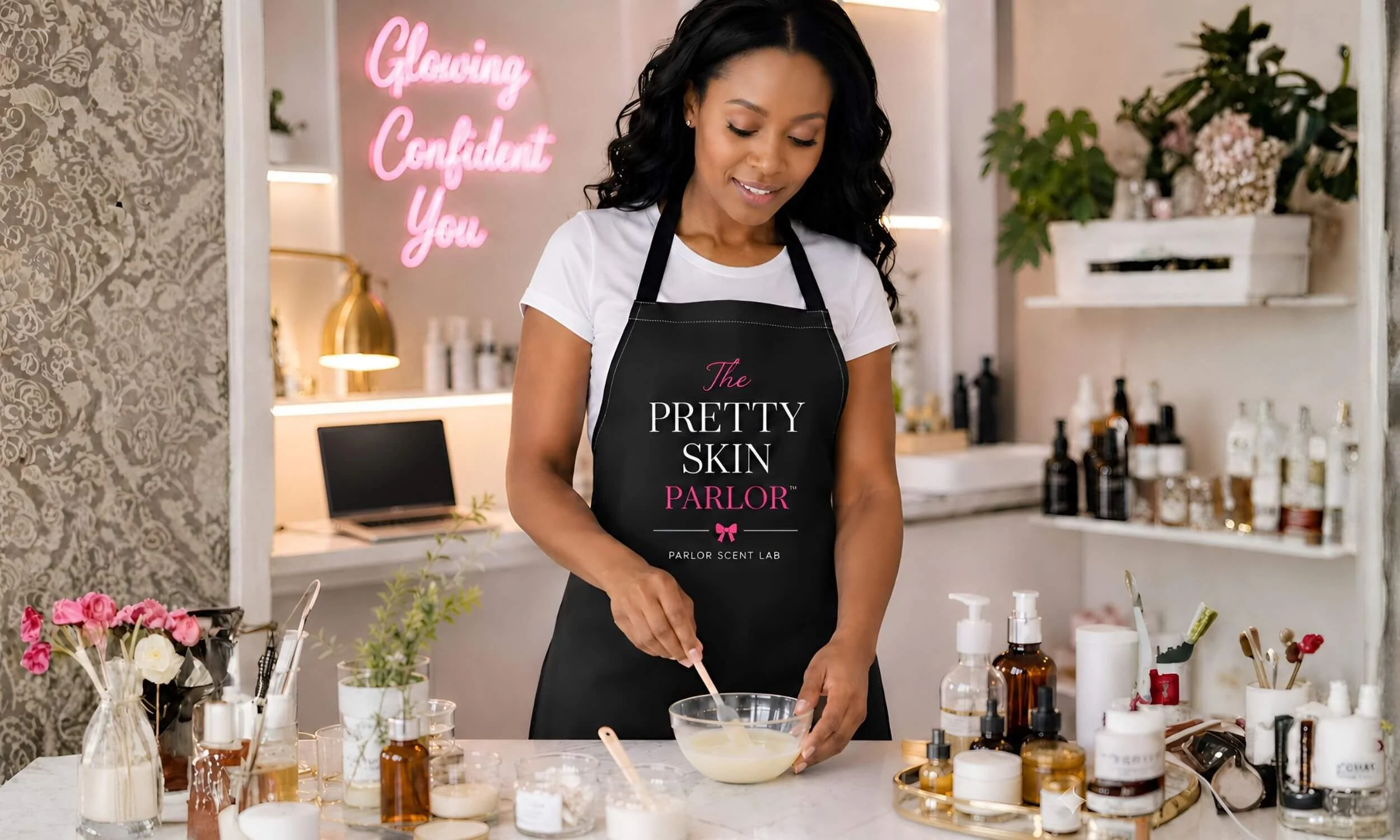 A Black woman wearing a The Pretty Skin Parlor™ apron labeled Parlor Scent Lab mixes a cream blend at a beauty studio counter surrounded by skincare bottles, jars, tools, flowers, and a pink neon sign.