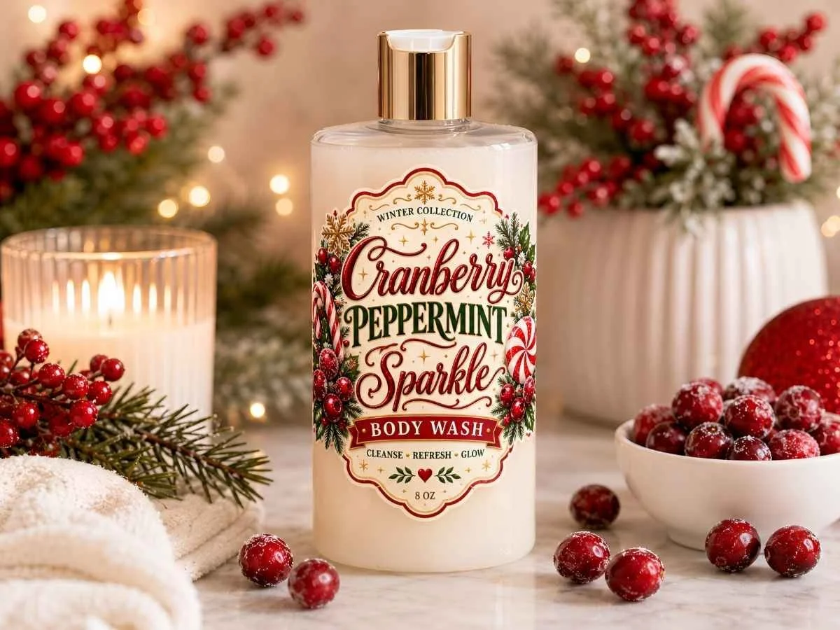 Clear bottle of DIY Cranberry Peppermint Sparkle body wash with a vintage Winter Collection label, surrounded by fresh cranberries, holiday greenery, and glowing winter lights.