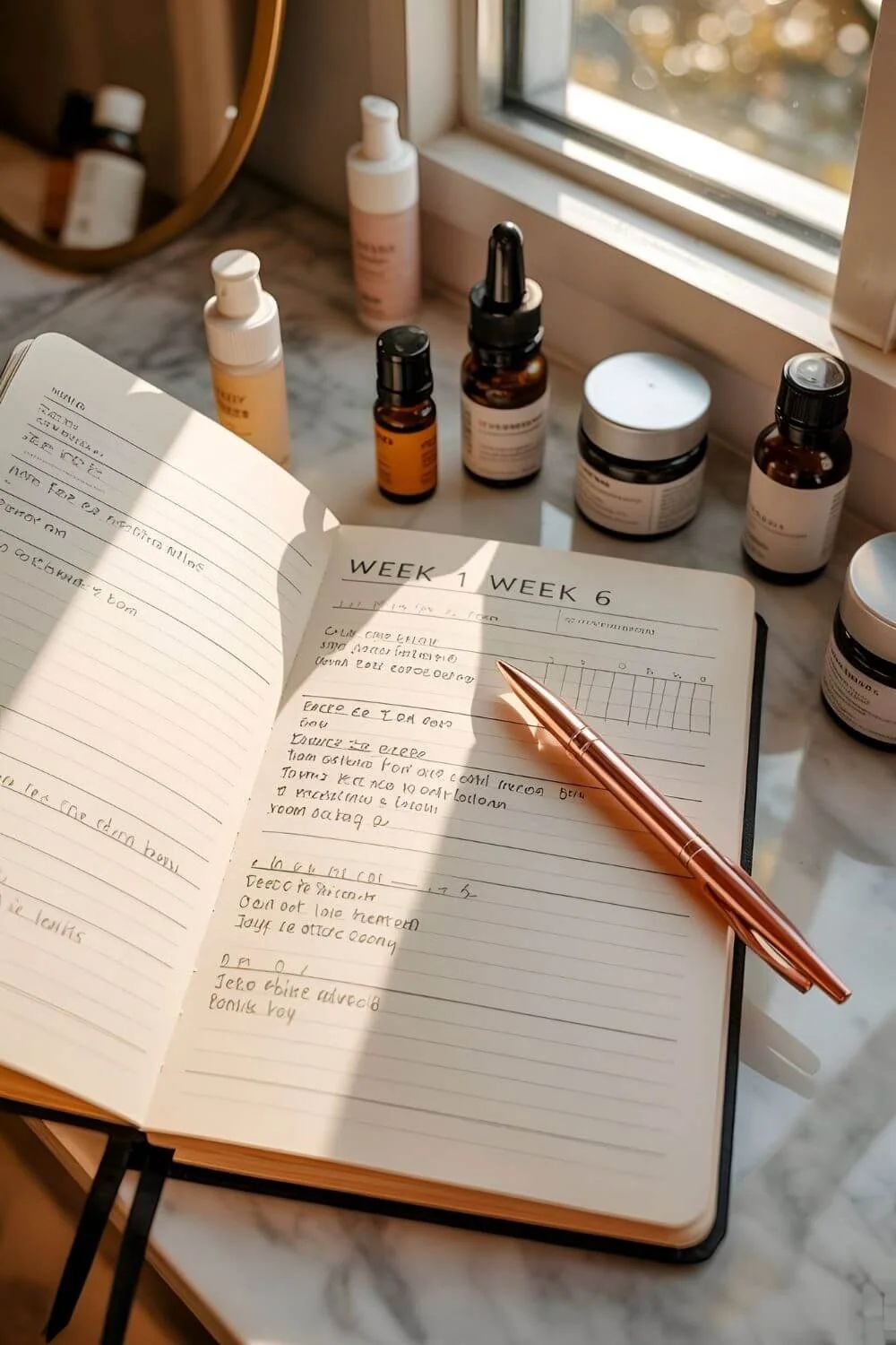 A lifestyle shot of an open skincare journal or planner on a vanity, small bottles arranged beside it, pen resting on the page marked “Week 1 → Week 6.” Warm afternoon light, calm energy.