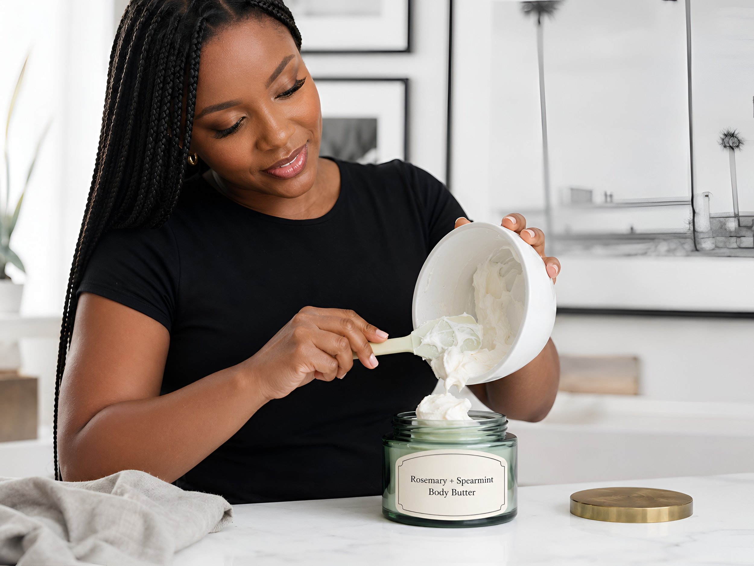 Pinterest graphic for a Grapefruit + Lavender Body Butter DIY recipe featuring a woman applying whipped body butter to her arm beside an open labeled jar, fresh grapefruit, lavender flowers, and the text “A Fresh Citrus + Soft Floral DIY Recipe.”