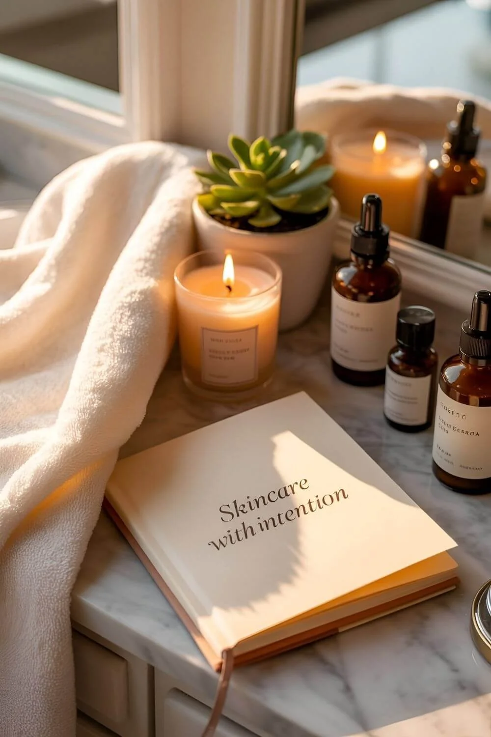 A cozy vanity scene in warm evening light — candle, small plant, skincare bottles arranged beside an open notebook labeled “Skincare with Intention.” Calm and nurturing atmosphere, creamy color palette.