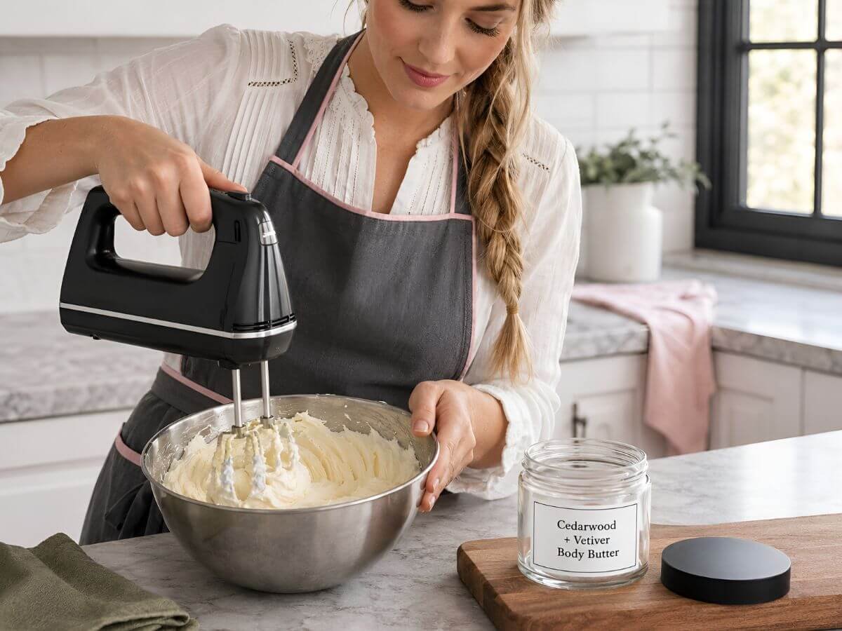 A woman uses a hand mixer to whip homemade Cedarwood + Vetiver Body Butter in a stainless-steel bowl beside an empty labeled glass jar and black lid in a bright home kitchen.