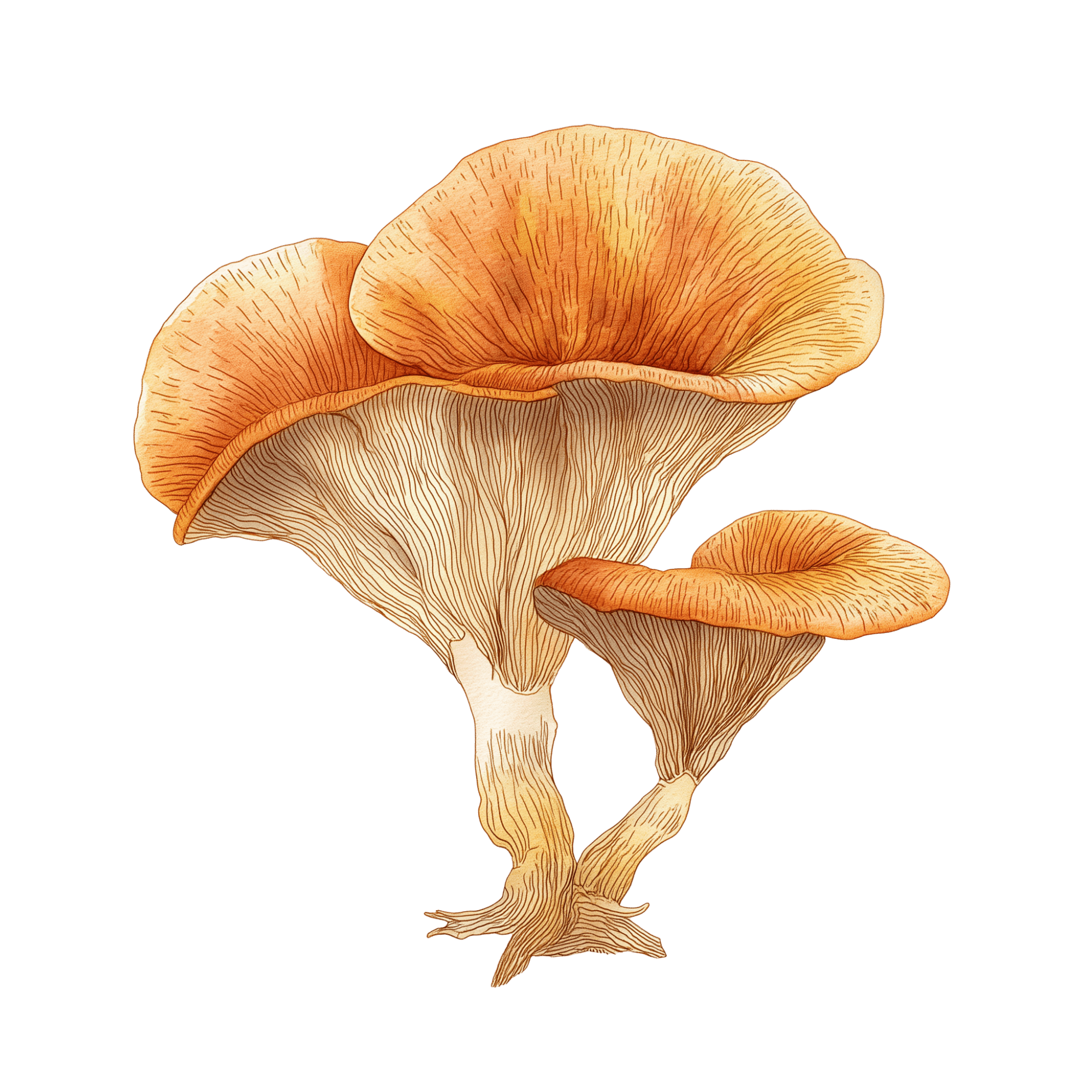 Watercolor-style illustration of two orange-brown mushrooms with detailed gills and stems, set against a black background.