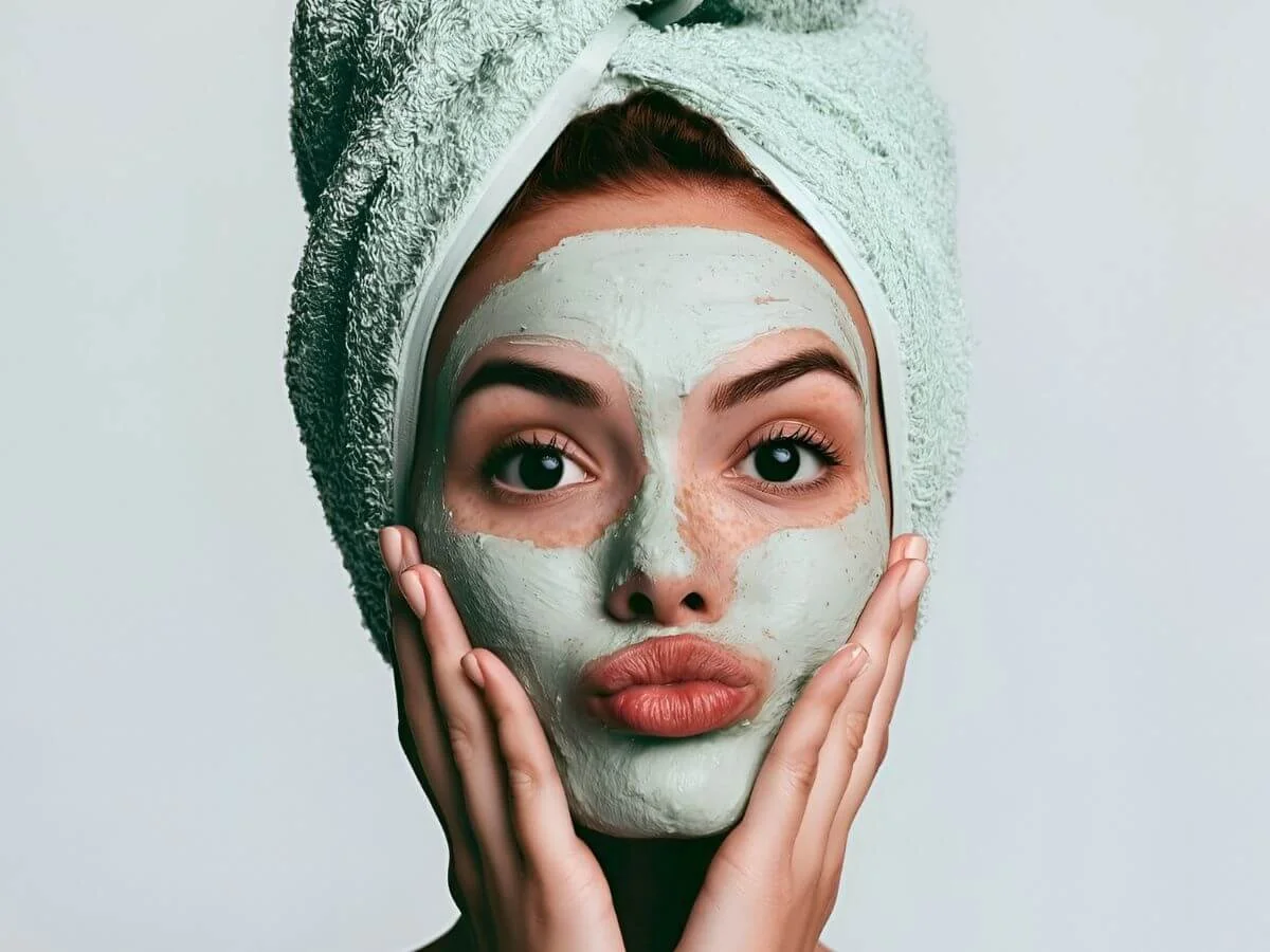 Woman wearing a facial mask with a towel wrapped around her hair.