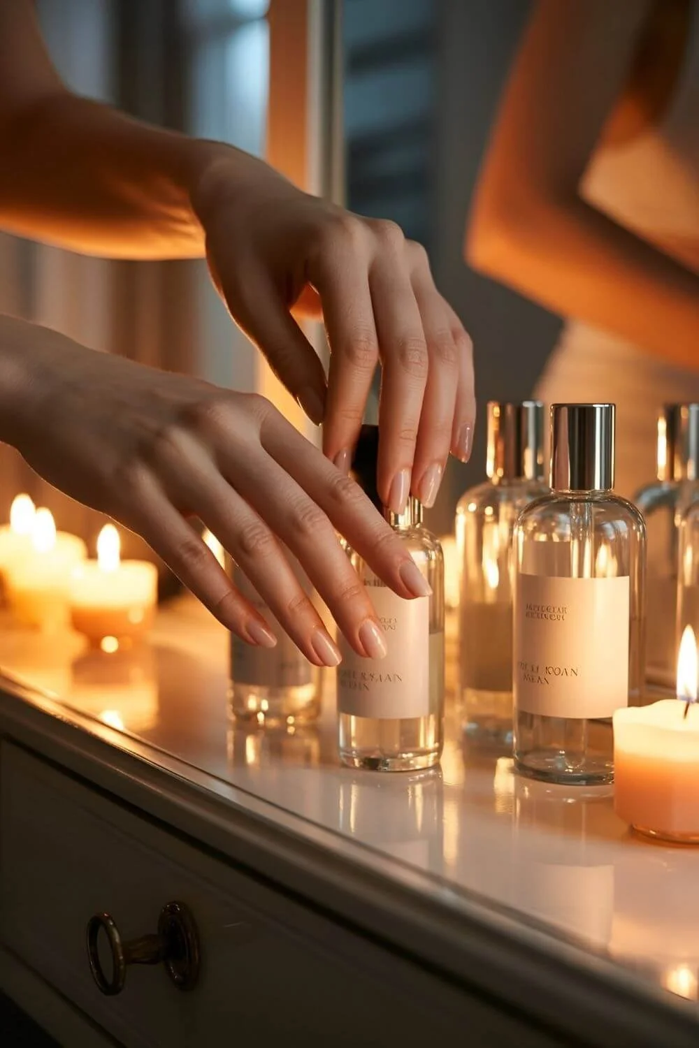 A peaceful nighttime vanity scene — manicured hands closing a skincare drawer, candlelight reflecting on glass bottles.