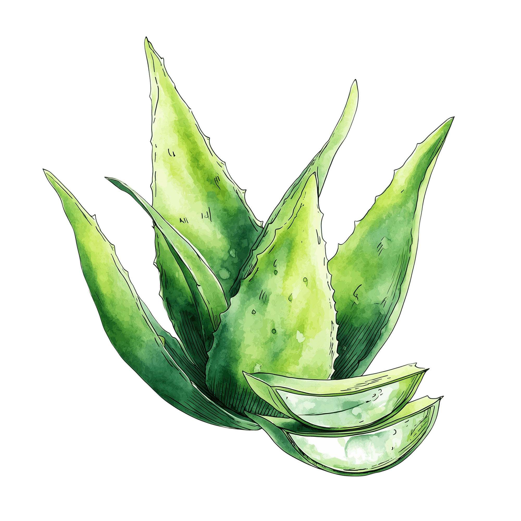 Watercolor-style illustration of fresh green aloe vera leaves with two sliced aloe pieces showing translucent gel, set against a black background.