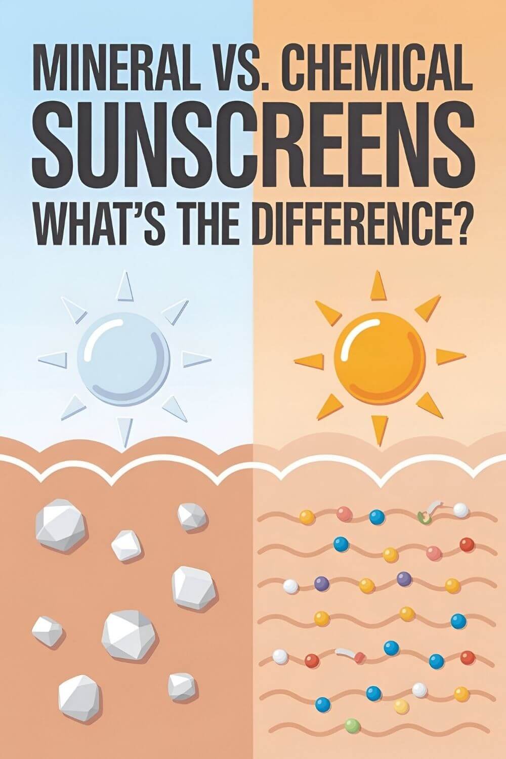 Infographic titled “Mineral vs. Chemical Sunscreens: What’s the Difference?” showing a split design with mineral sunscreen depicted as white particles on the left and chemical sunscreen as colored molecules on the right.
