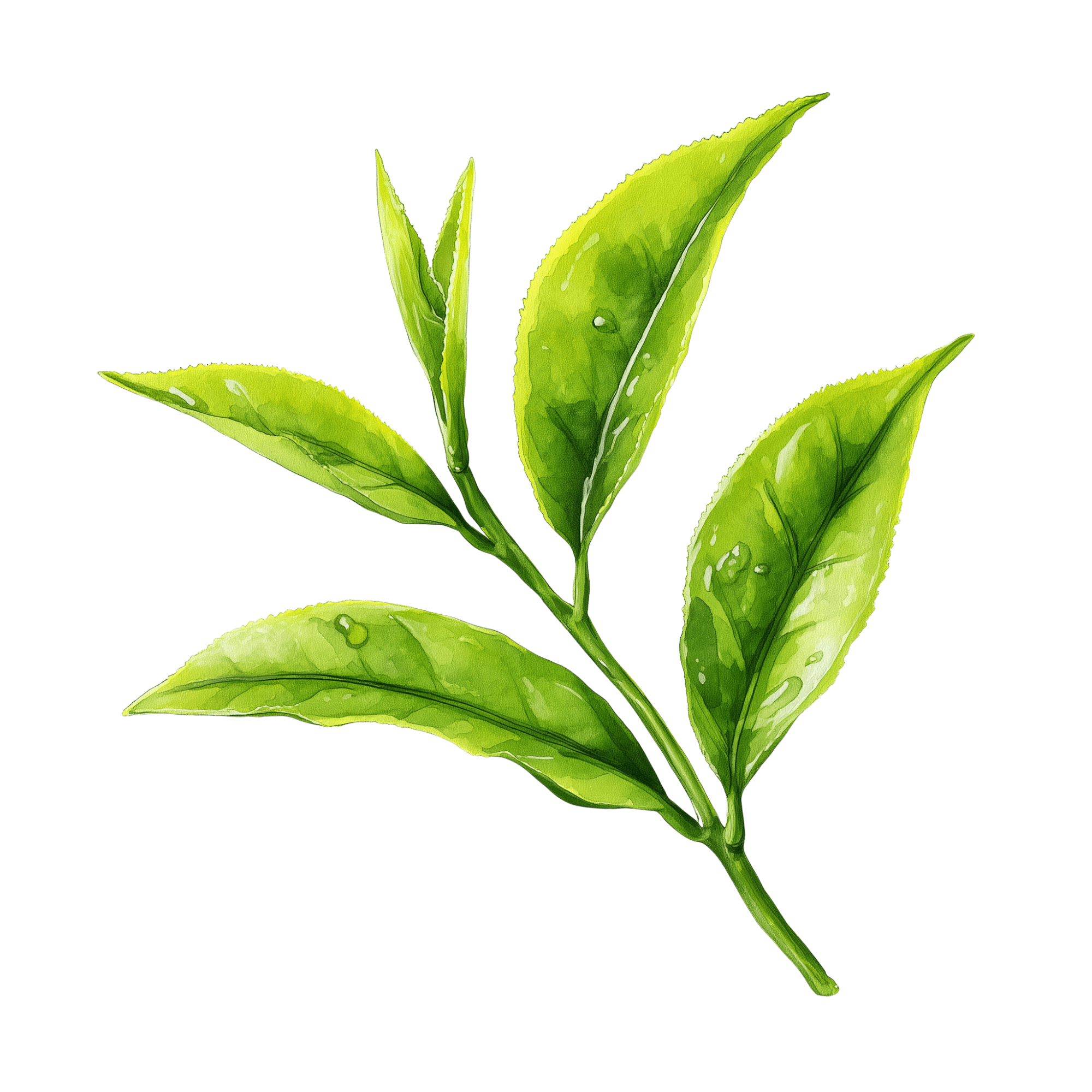 Watercolor-style illustration of fresh green tea leaves on a stem with a few water droplets
