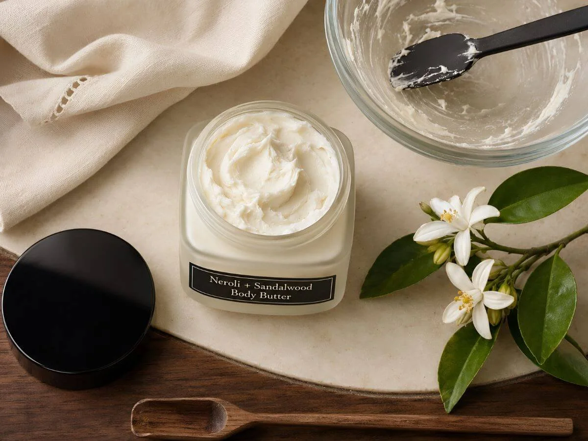 Overhead view of homemade Neroli + Sandalwood Body Butter in an open glass jar beside orange blossom flowers, a mixing bowl, spatula, wooden scoop, and black lid.