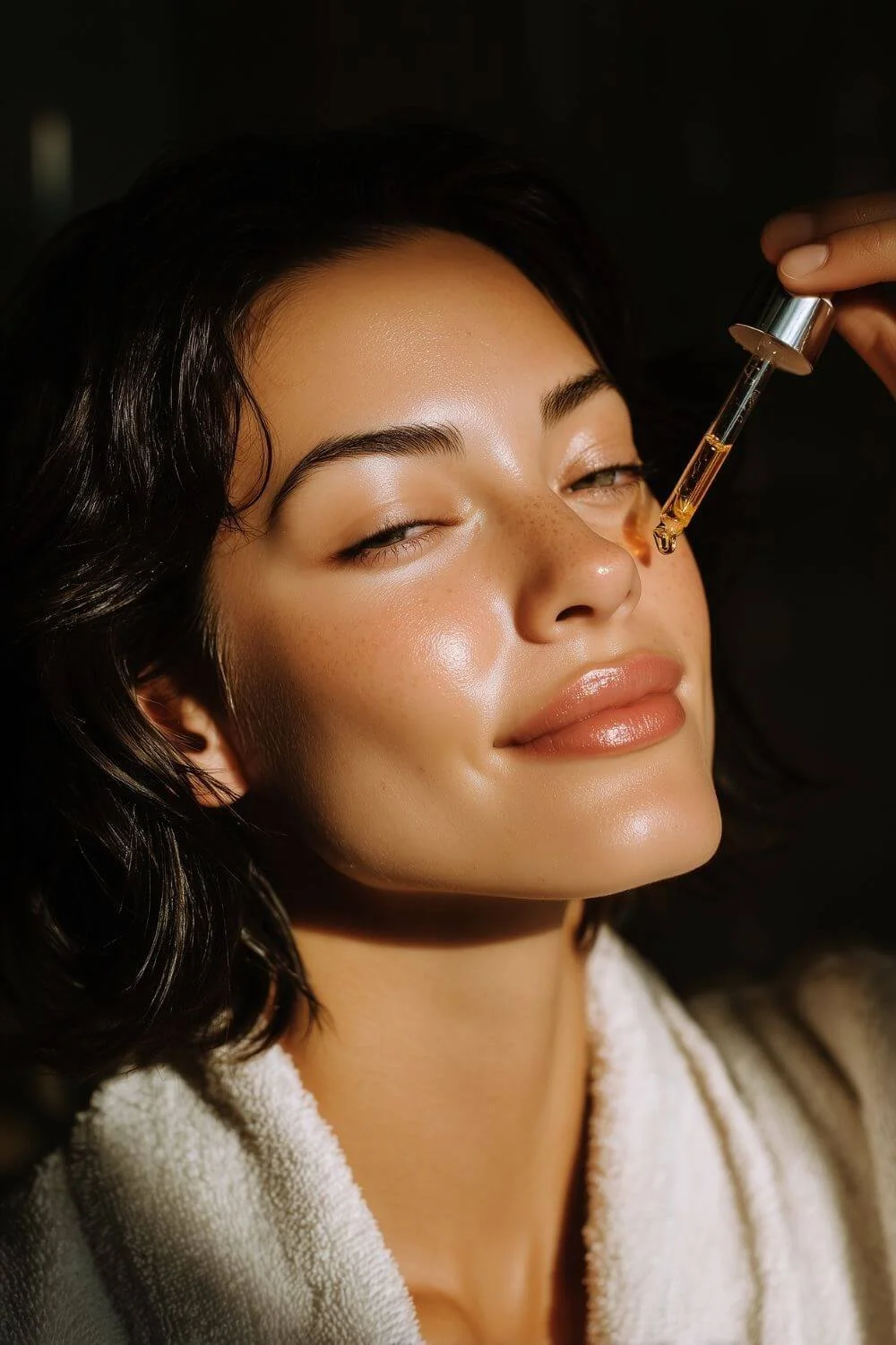 Close-up of a woman with glowing skin applying facial serum with a dropper, wearing a robe in warm sunlight.