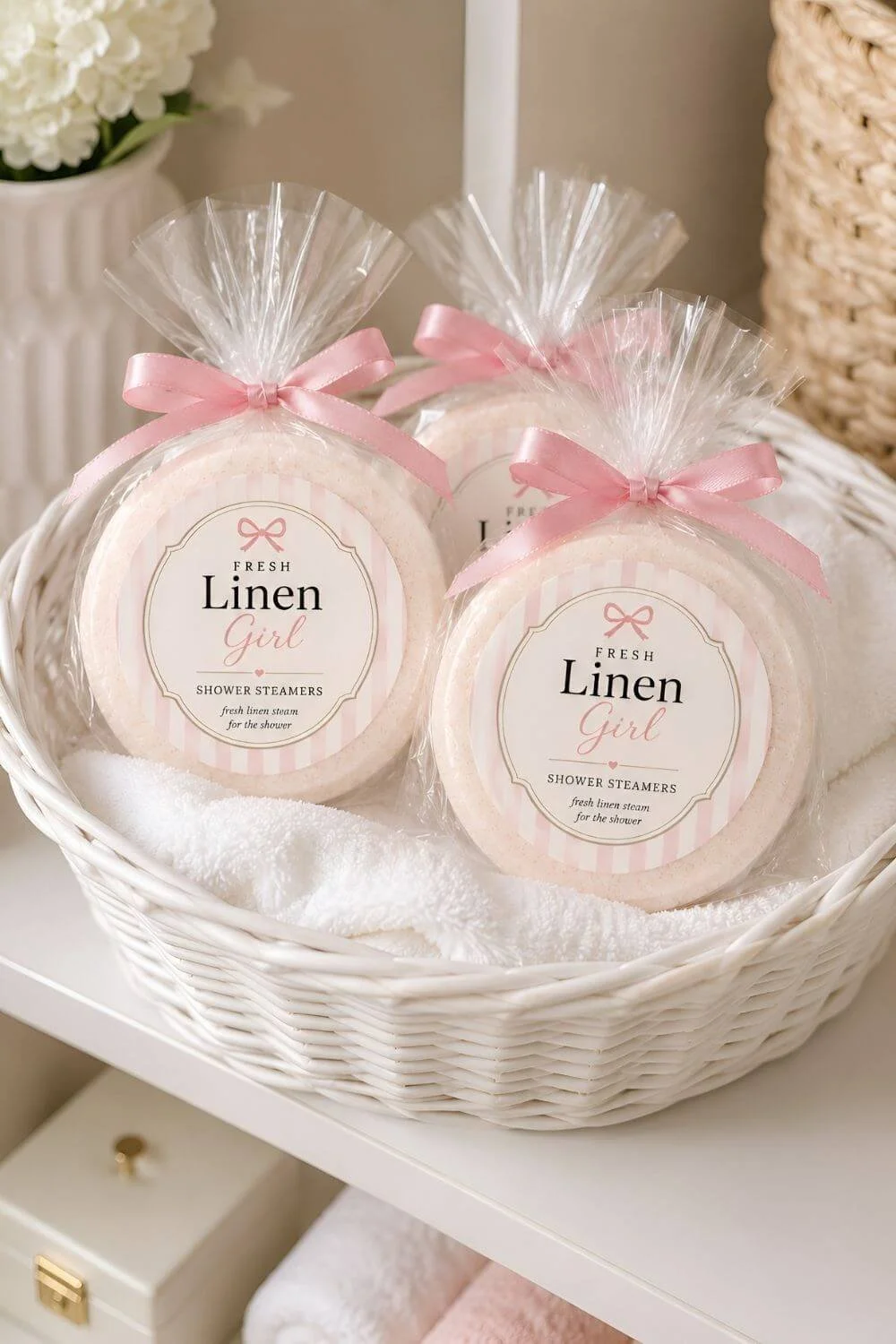 Wrapped Fresh Linen Girl shower steamers in a white basket with pink ribbon and round labels.