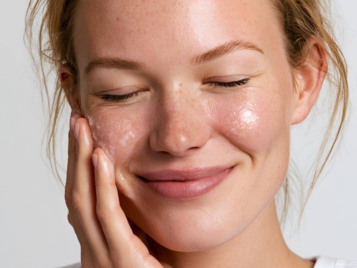 Woman touching her glowing, moisturized skin.