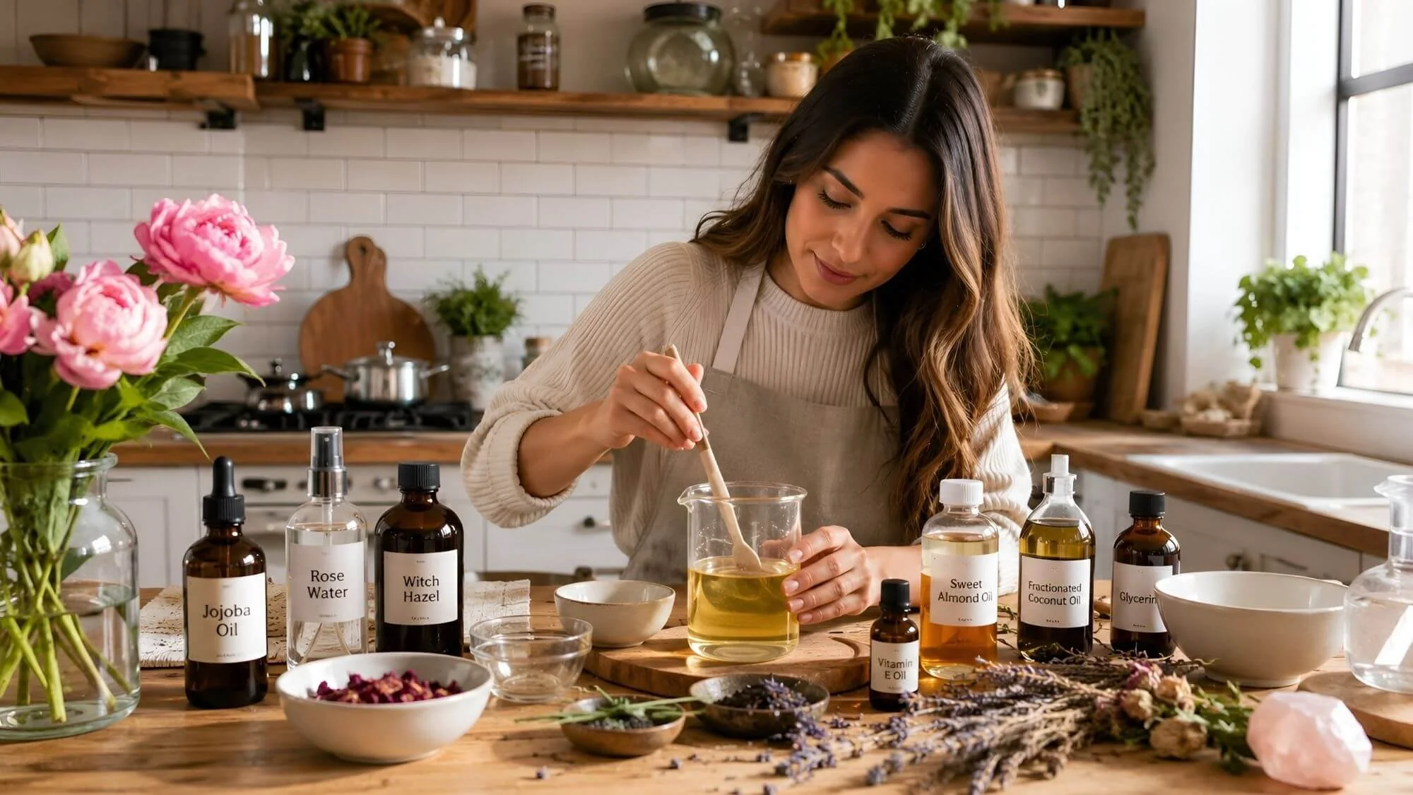 Woman making DIY skincare in a bright kitchen surrounded by jojoba oil, rose water, witch hazel, sweet almond oil, coconut oil, glycerin, botanicals, and mixing supplies.