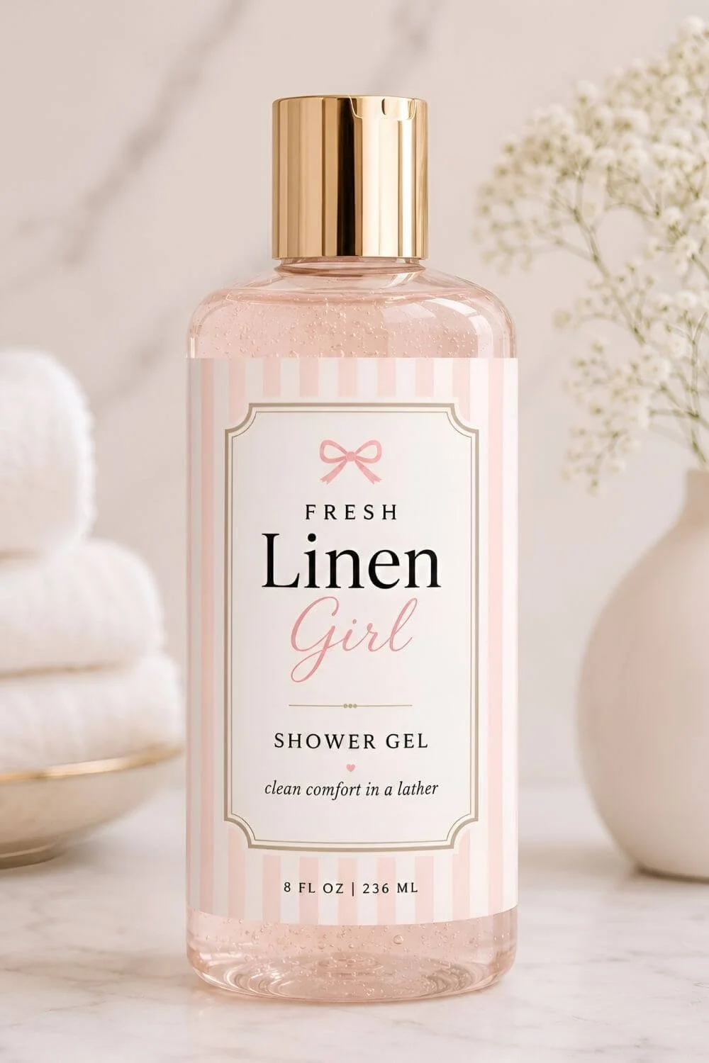 Fresh Linen Girl shower gel bottle with a pink striped label, gold cap, folded towels, and soft white flowers in the background.