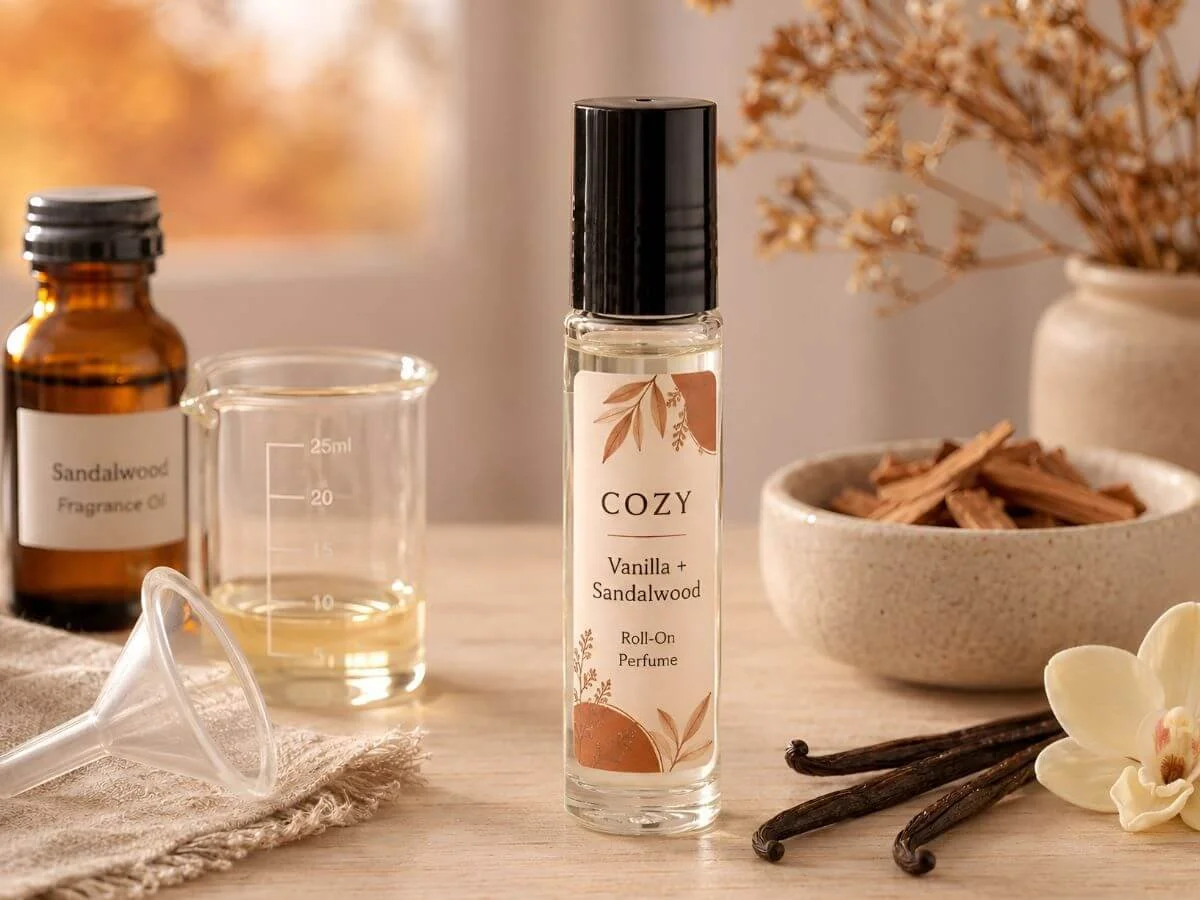 Glass roll-on perfume bottle on a wooden table surrounded by small ingredient jars, a funnel, vanilla beans, and white flowers.