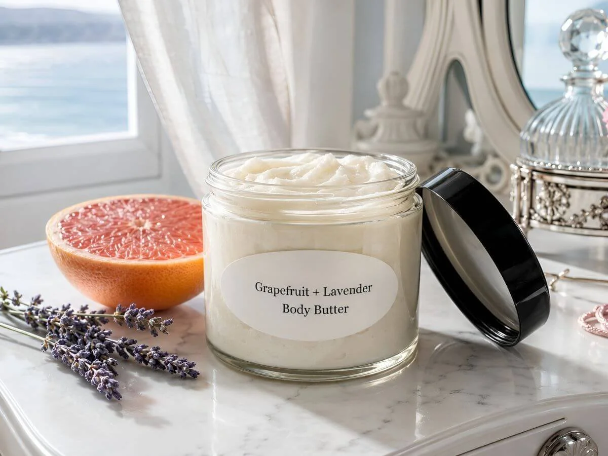 Open jar of homemade Grapefruit + Lavender Body Butter on a vanity beside fresh grapefruit and lavender sprigs.