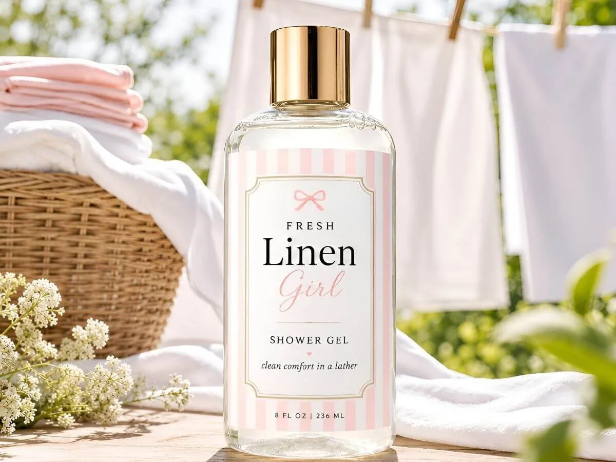 Fresh Linen Girl shower gel bottle on a wooden table outdoors with a laundry basket, flowers, and white linens hanging on a clothesline in the background.