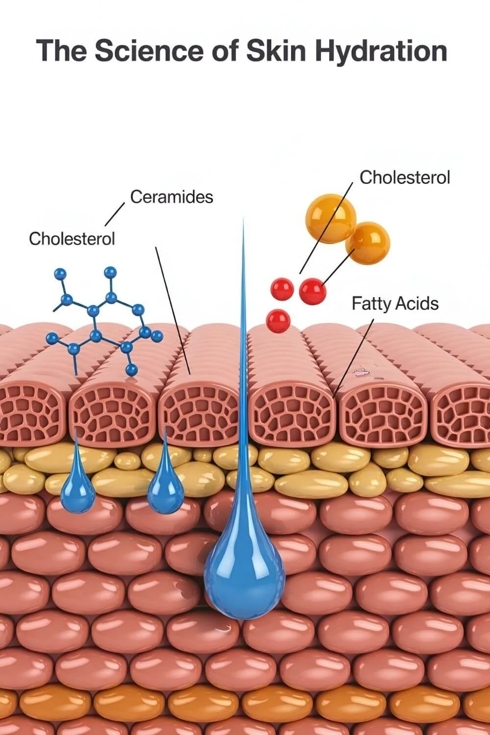 Illustration titled “The Science of Skin Hydration” showing layered skin structure with water droplets and key barrier lipids labeled: ceramides, cholesterol, and fatty acids.