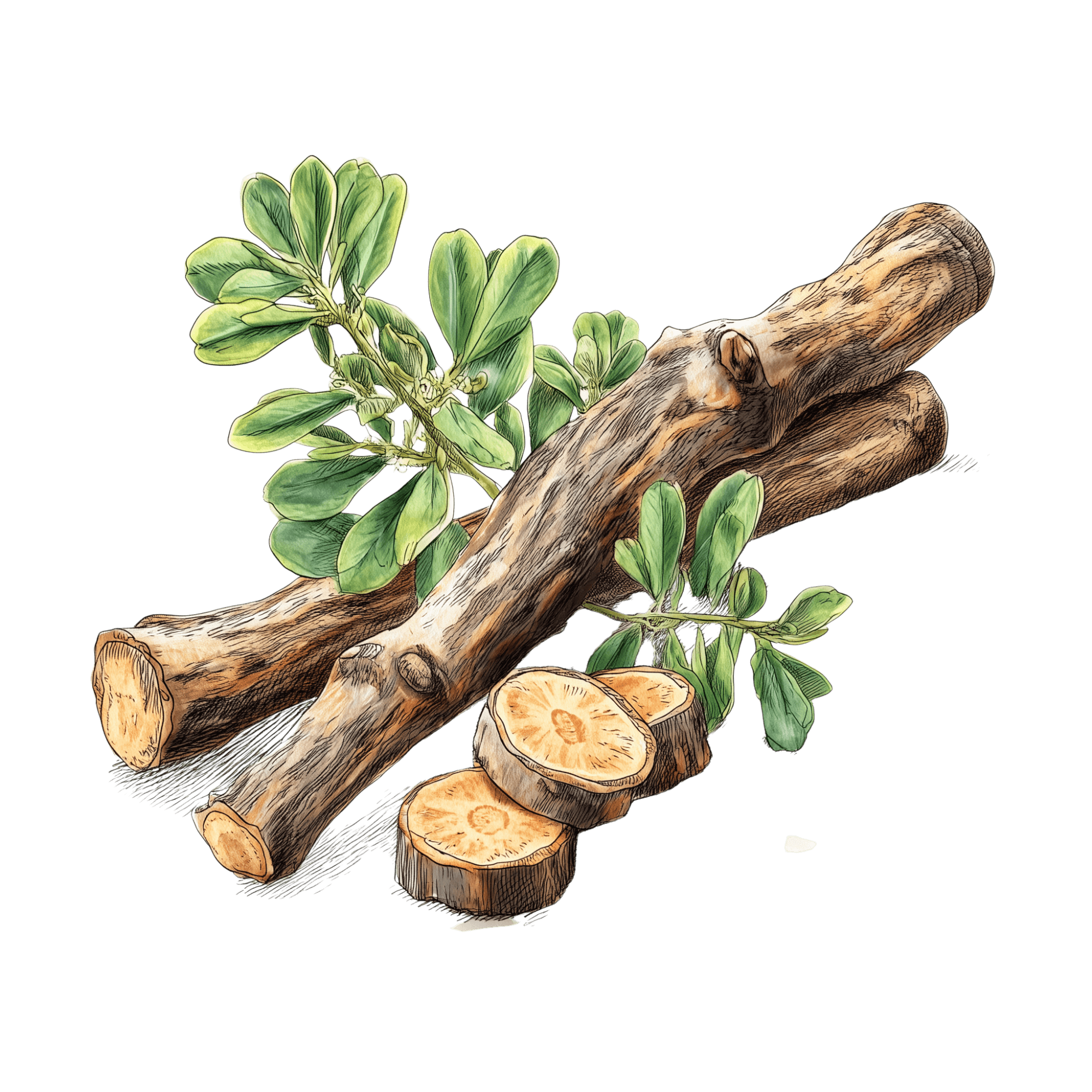 Illustration of licorice root sticks with a few sliced pieces and green leaves, shown on a black background.