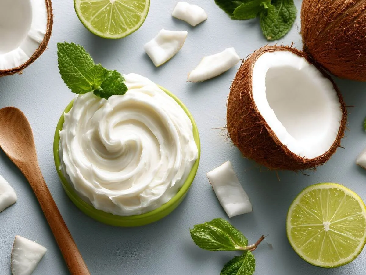 A bowl of creamy DIY coconut body butter surrounded by fresh coconut halves, lime slices, mint leaves, and a wooden spoon. The bright, tropical ingredients create a fresh, natural beauty scene perfect for a homemade coconut body butter recipe.