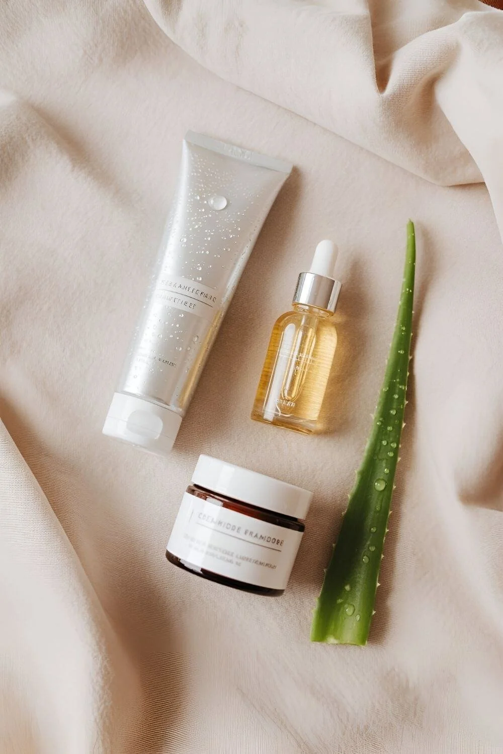 A calming flat lay of soothing skincare essentials — creamy cleanser, ceramide moisturizer, dropper serum, and aloe leaf. Soft daylight, beige or white fabric background, minimal props
