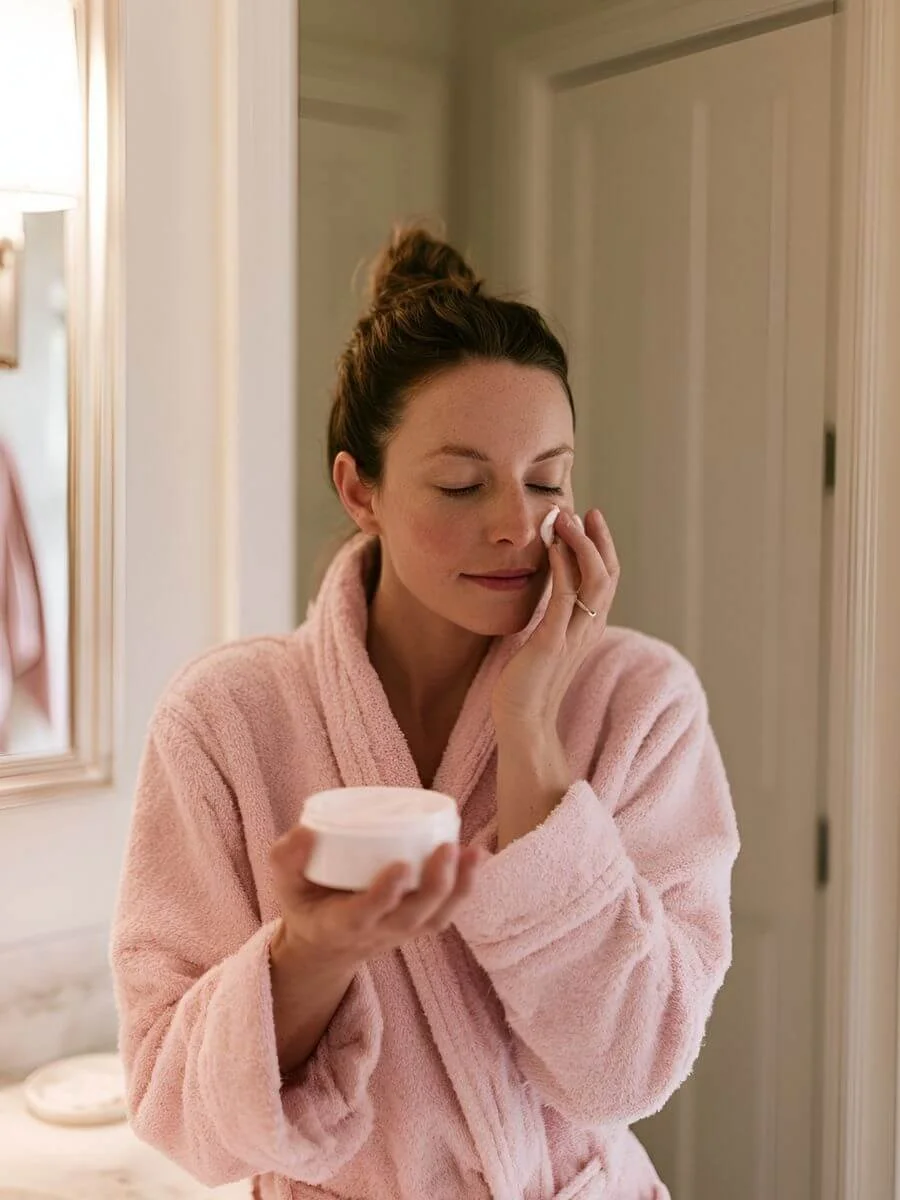 Woman in a plush pink bathrobe applying skincare cream to her face in a bathroom mirror.