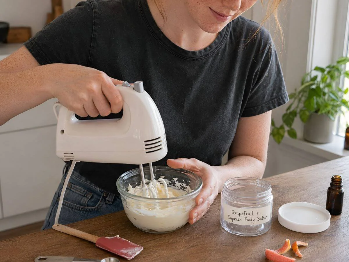 Woman whipping a small batch of Grapefruit and Cypress Body Butter beside an empty 8 oz jar with a handwritten label.