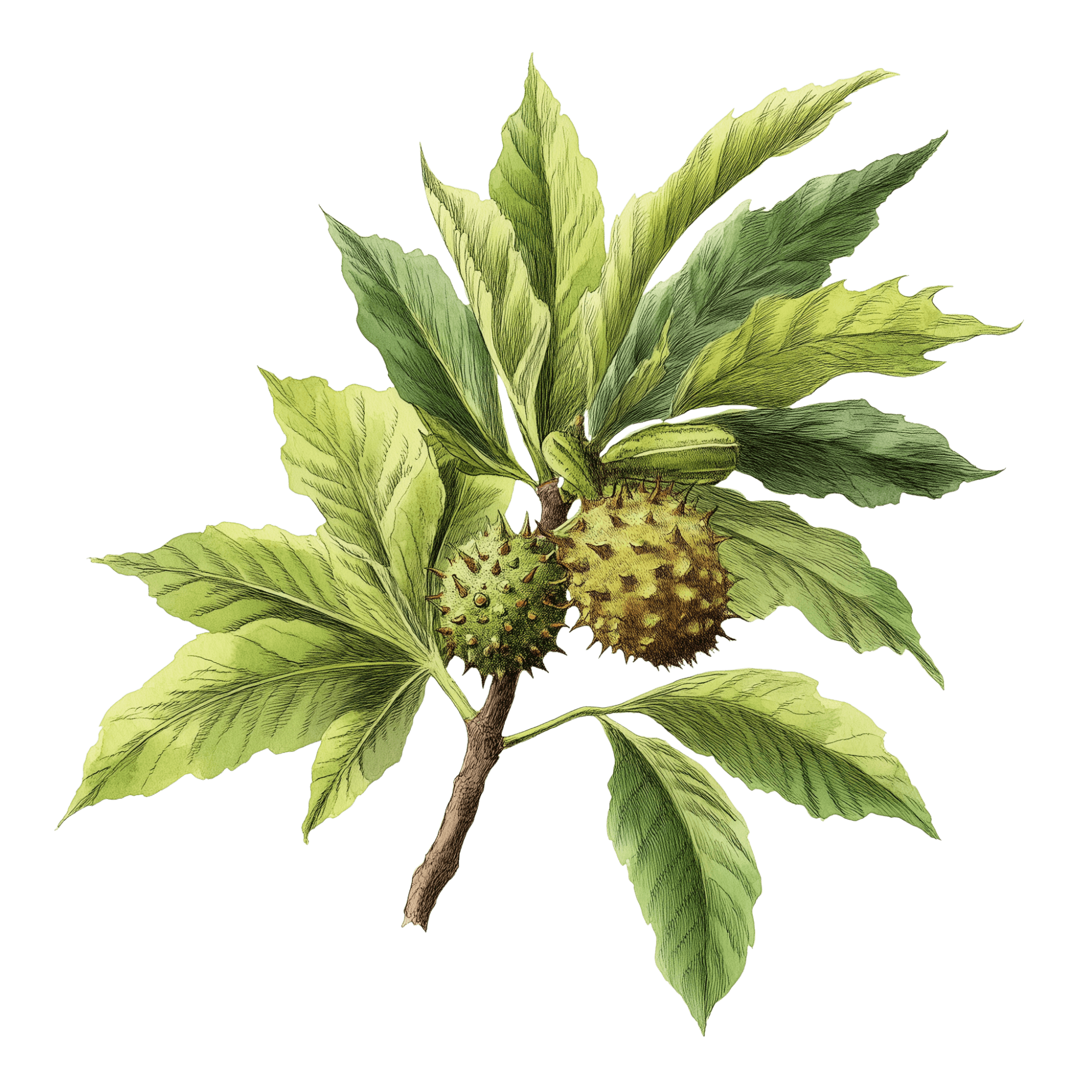 Botanical-style illustration of a castor plant branch with large green leaves and two spiky seed pods, set against a black background.